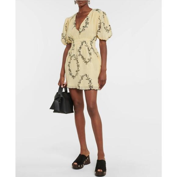 Ganni Dress Women 0 Floral Georgette Pleated Mini Yellow Puff Romantic Feminine - Picture 1 of 16